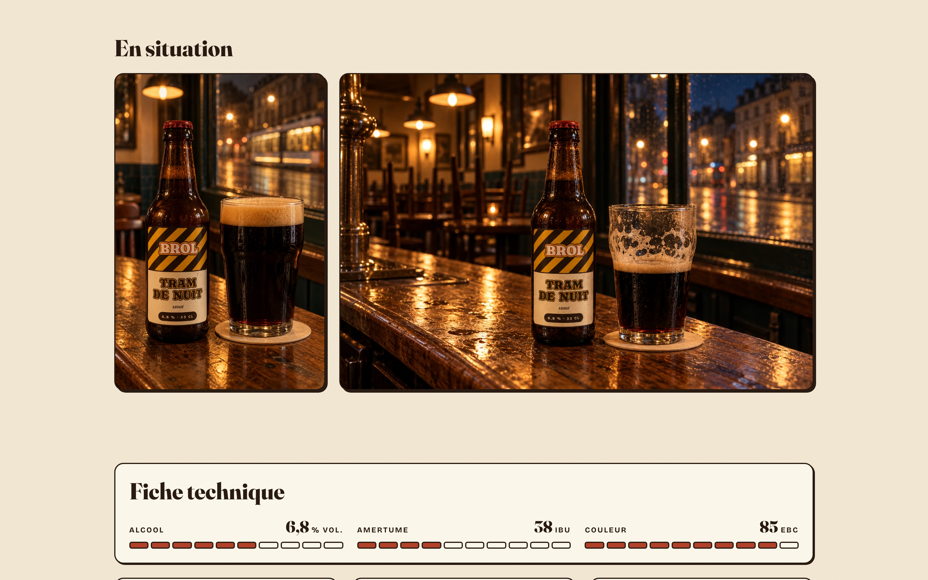 Deux photos de la bouteille Tram de Nuit et de son verre de stout posés sur un comptoir en bois, devant une vitrine de taverne la nuit.