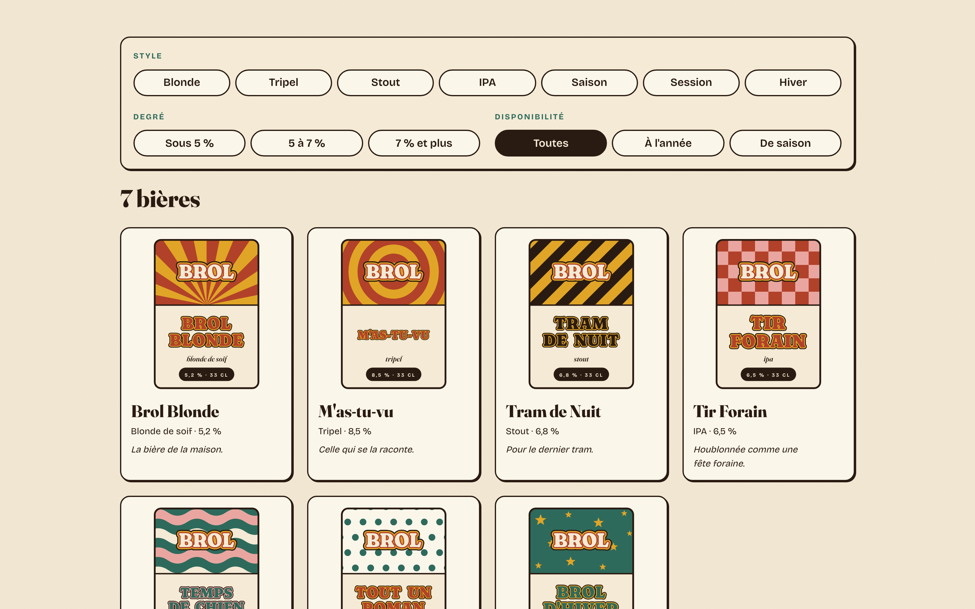 Catalogue des bières : filtres par style, degré et disponibilité en pastilles, puis une grille de cartes avec étiquette, nom, style et degré.
