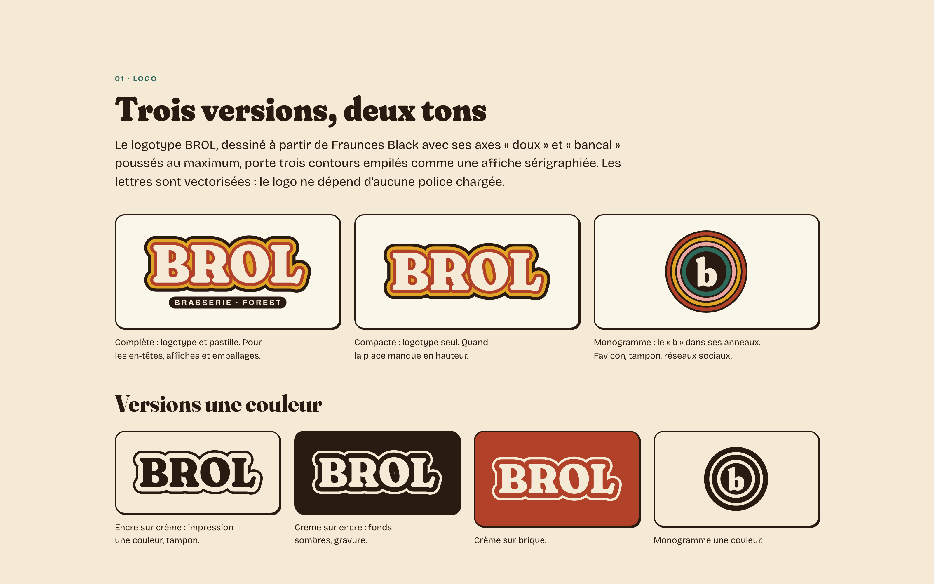 Page de charte : le logotype BROL en version complète, compacte et monogramme, puis ses versions une couleur sur crème, encre et brique.