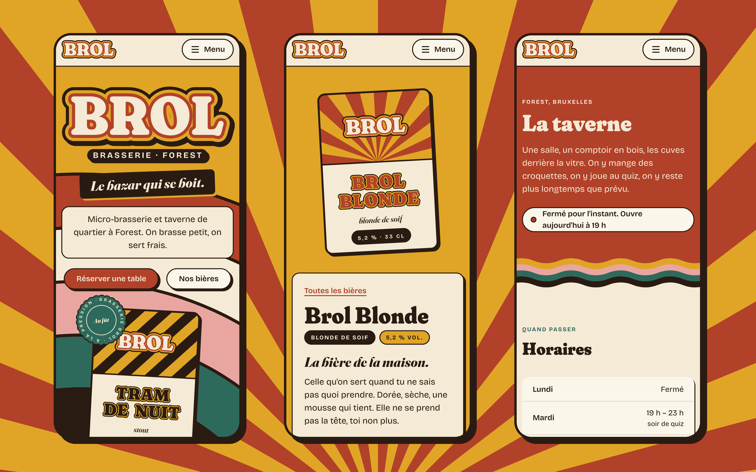 Trois écrans de téléphone sur fond de rayons rouges et jaunes : accueil en affiche, fiche de la Brol Blonde et page de la taverne avec ses horaires.