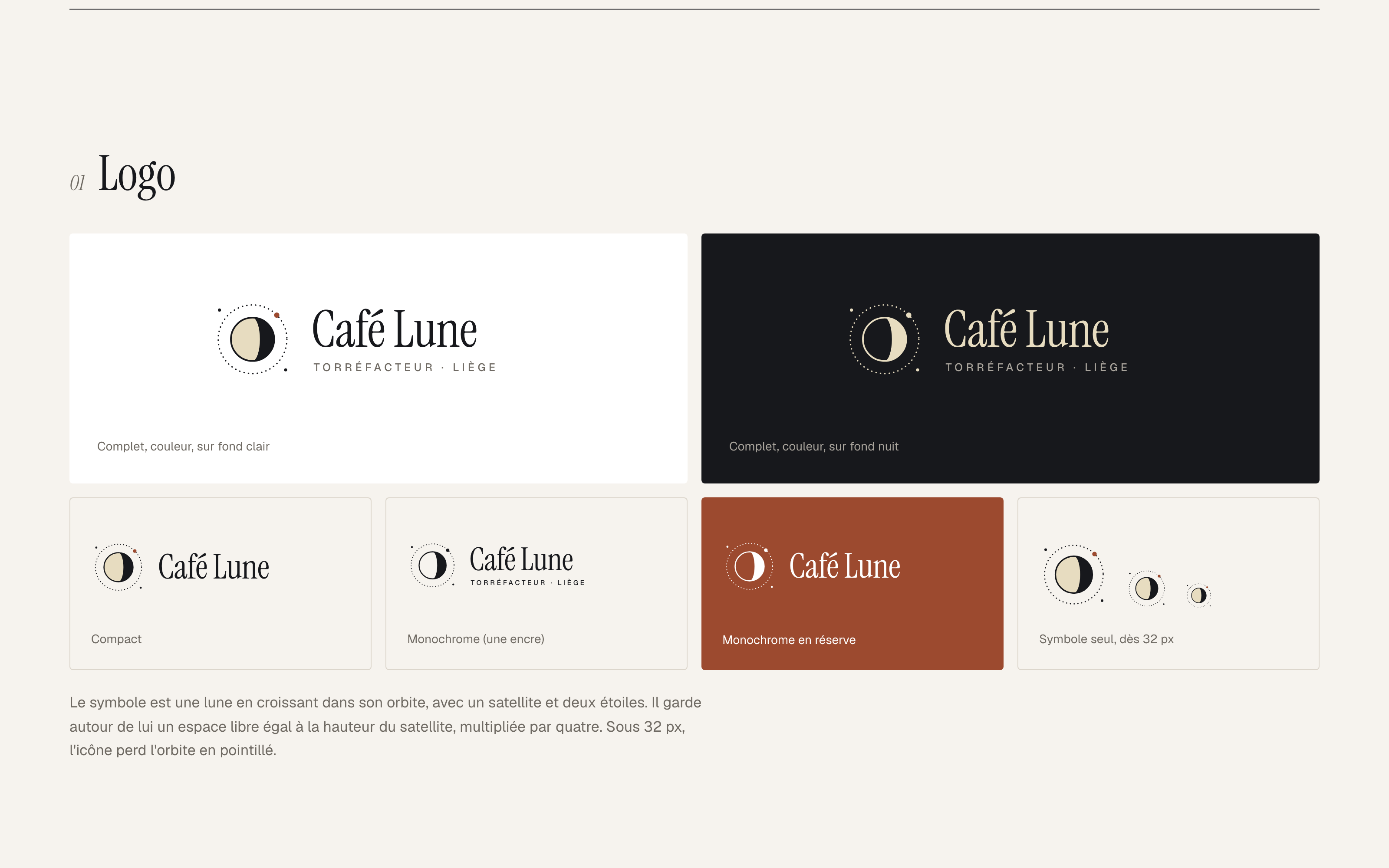Page de charte : logo Café Lune complet sur fond clair et sur fond nuit, puis versions compacte, monochrome, en réserve et symbole seul.