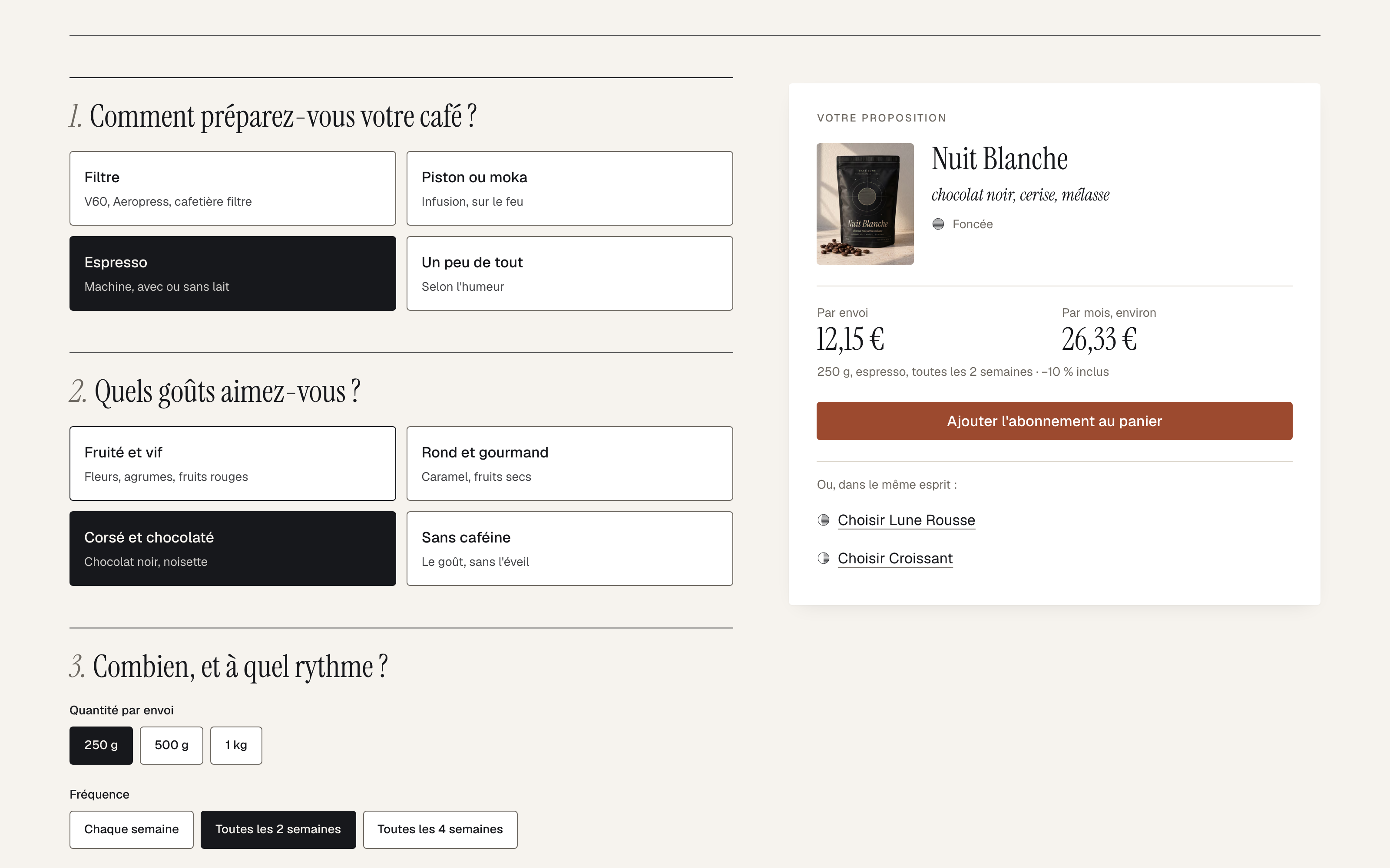 Configurateur d'abonnement en trois questions à gauche, et à droite la proposition Nuit Blanche avec le prix par envoi et par mois.