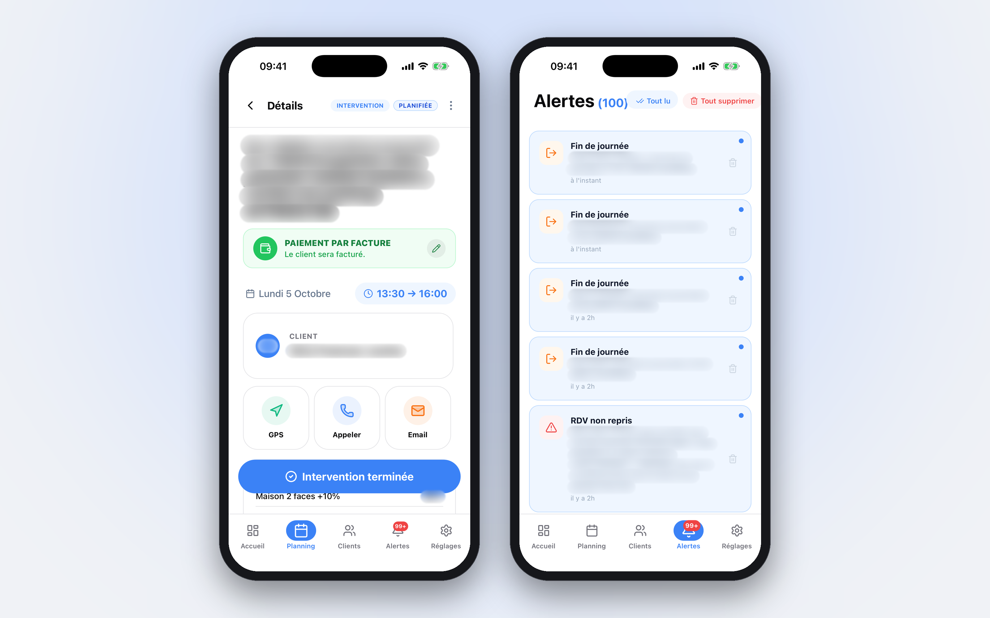 Fiche d'une intervention avec paiement, client et accès GPS, appel, e-mail, à côté du centre d'alertes