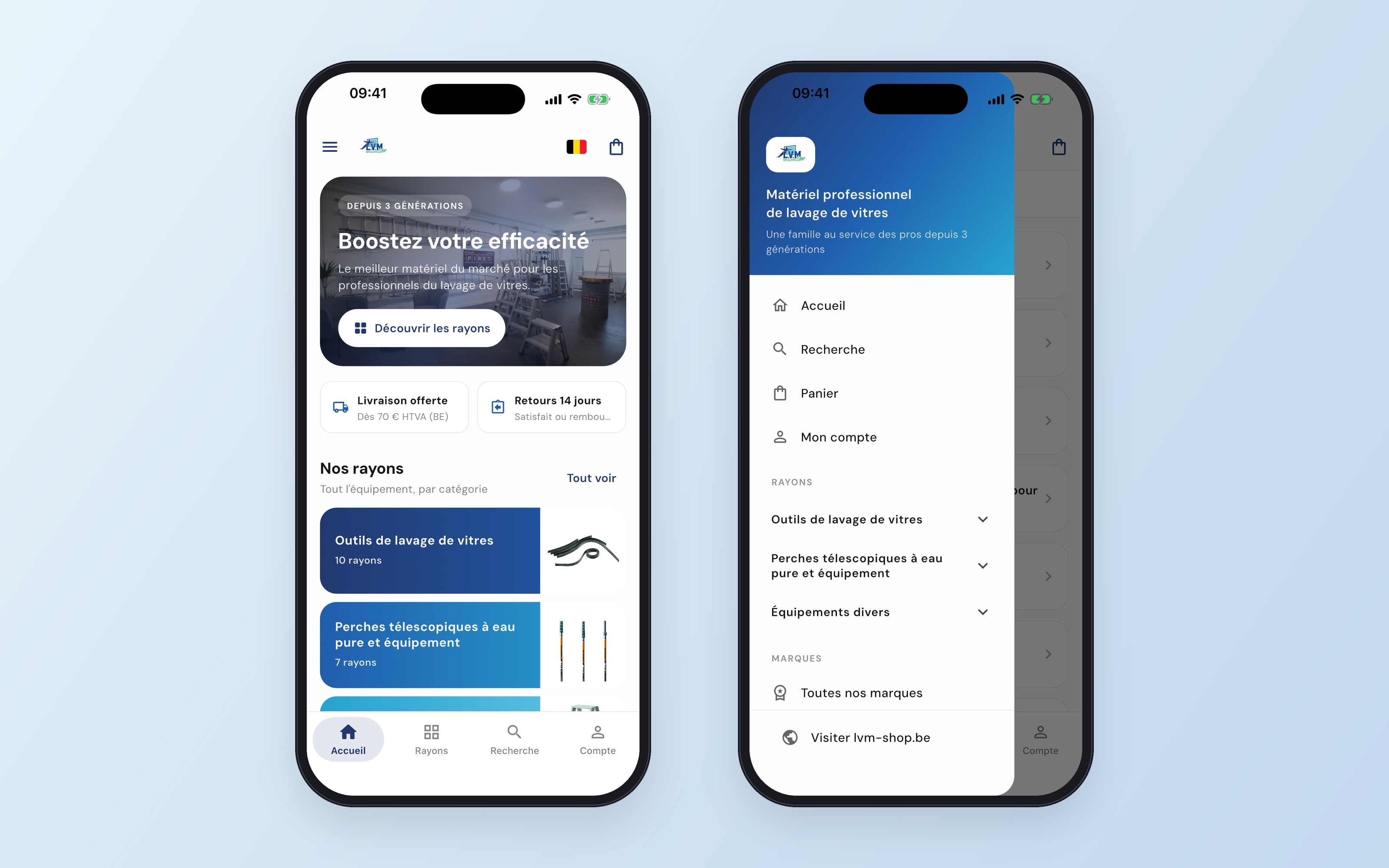 Deux téléphones : l'accueil de l'application avec bandeau vidéo, cartes livraison offerte et retours, rayons ; le menu latéral avec l'arborescence des rayons et les marques