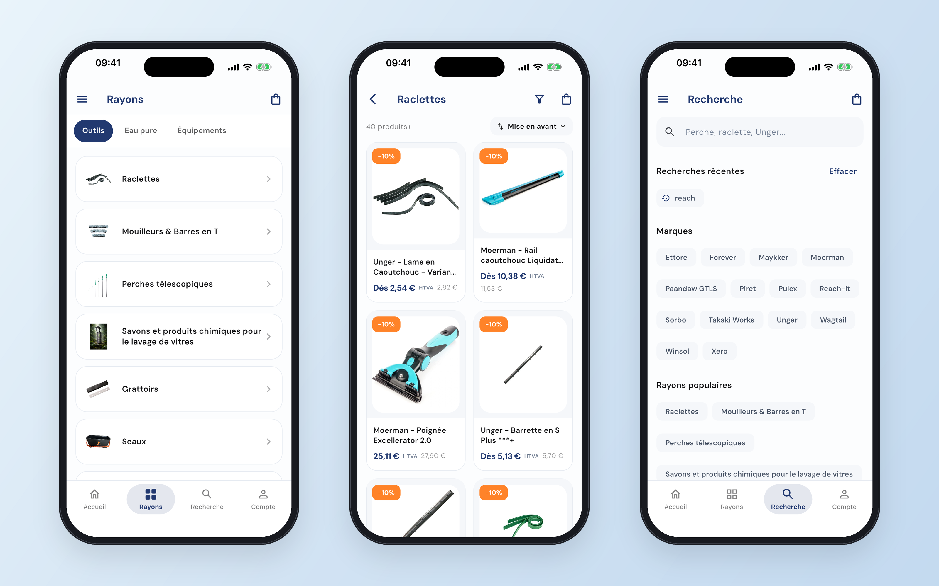 Trois téléphones : l'onglet Rayons, la collection Raclettes en grille avec badges de remise et prix HTVA, la recherche avec marques et rayons populaires
