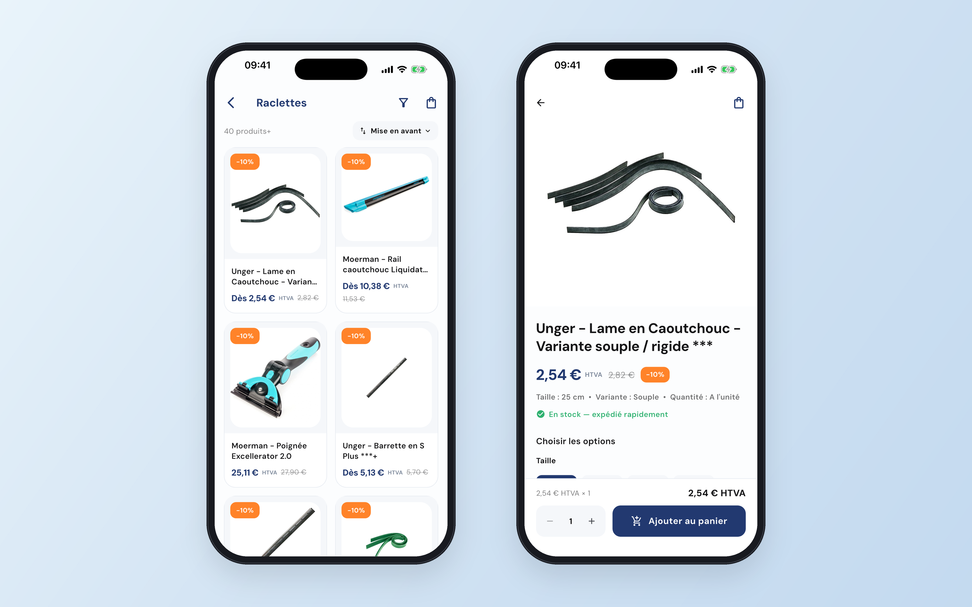 Deux téléphones : une collection de raclettes et la fiche d'une lame en caoutchouc avec prix remisé, options et bouton Ajouter au panier
