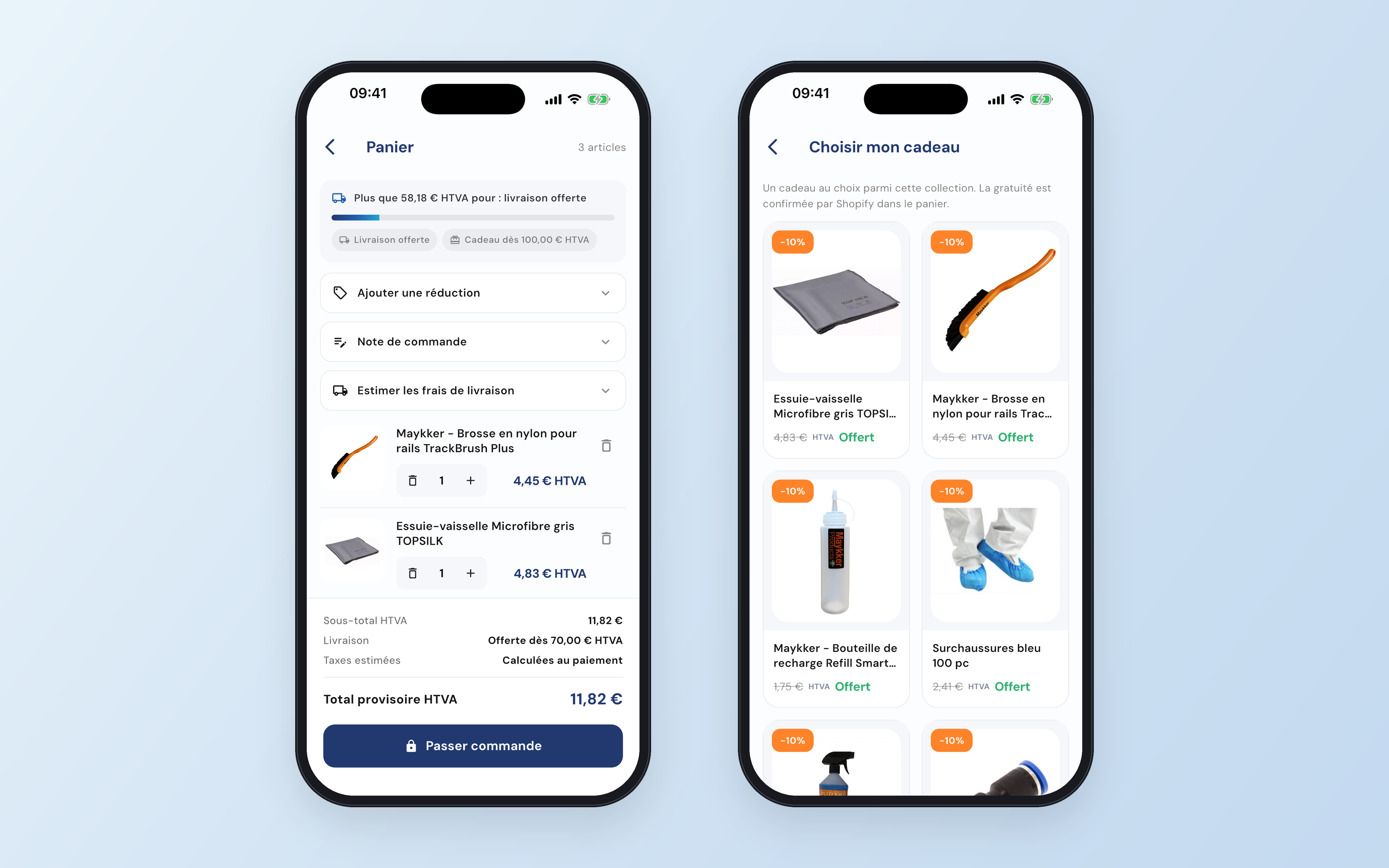 Deux téléphones : le panier avec la progression vers la livraison offerte, le code de réduction et l'estimation des frais de port ; le choix d'un cadeau marqué Offert
