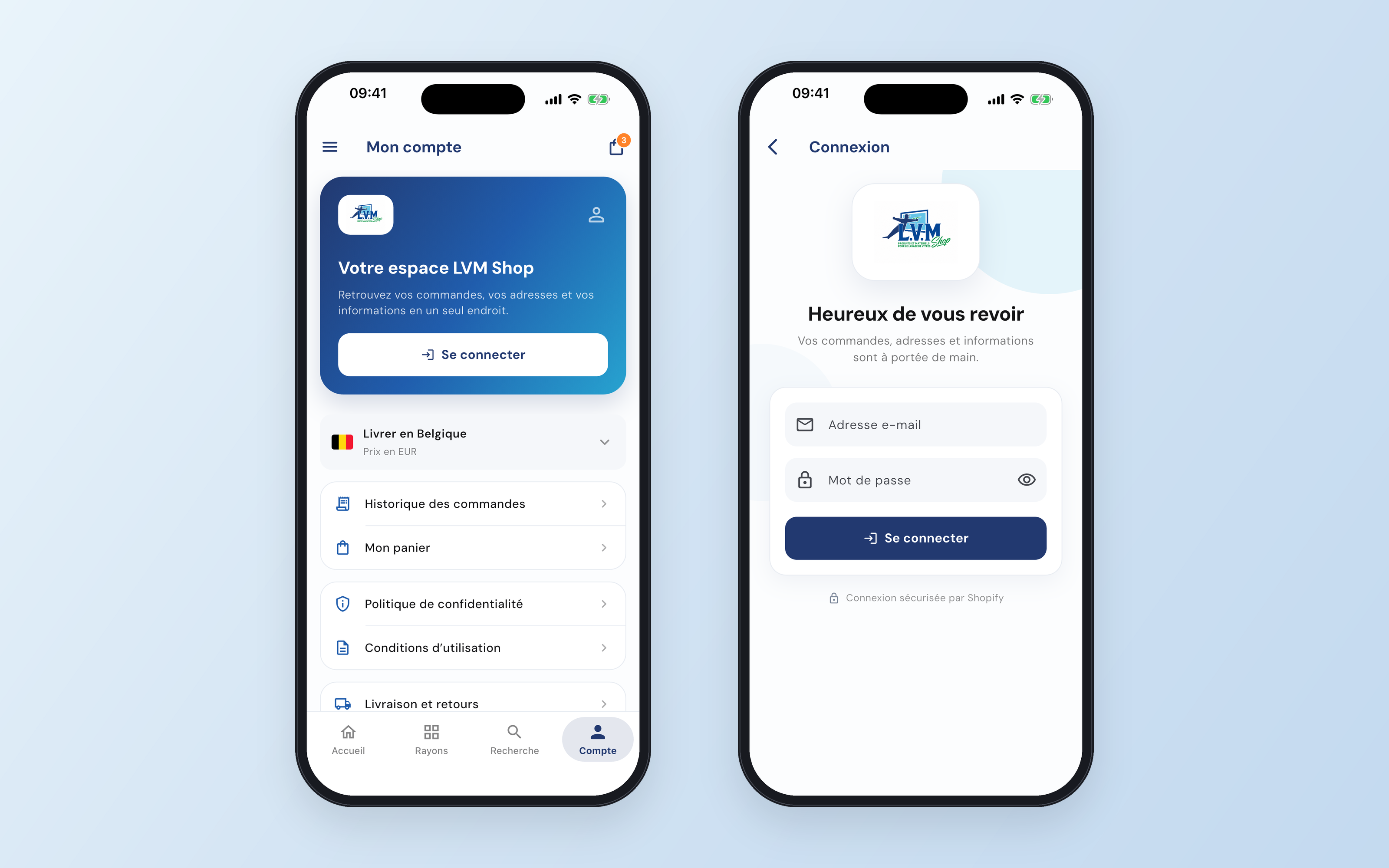 Deux téléphones : l'onglet Compte avec pays de livraison et liens utiles, et l'écran de connexion client