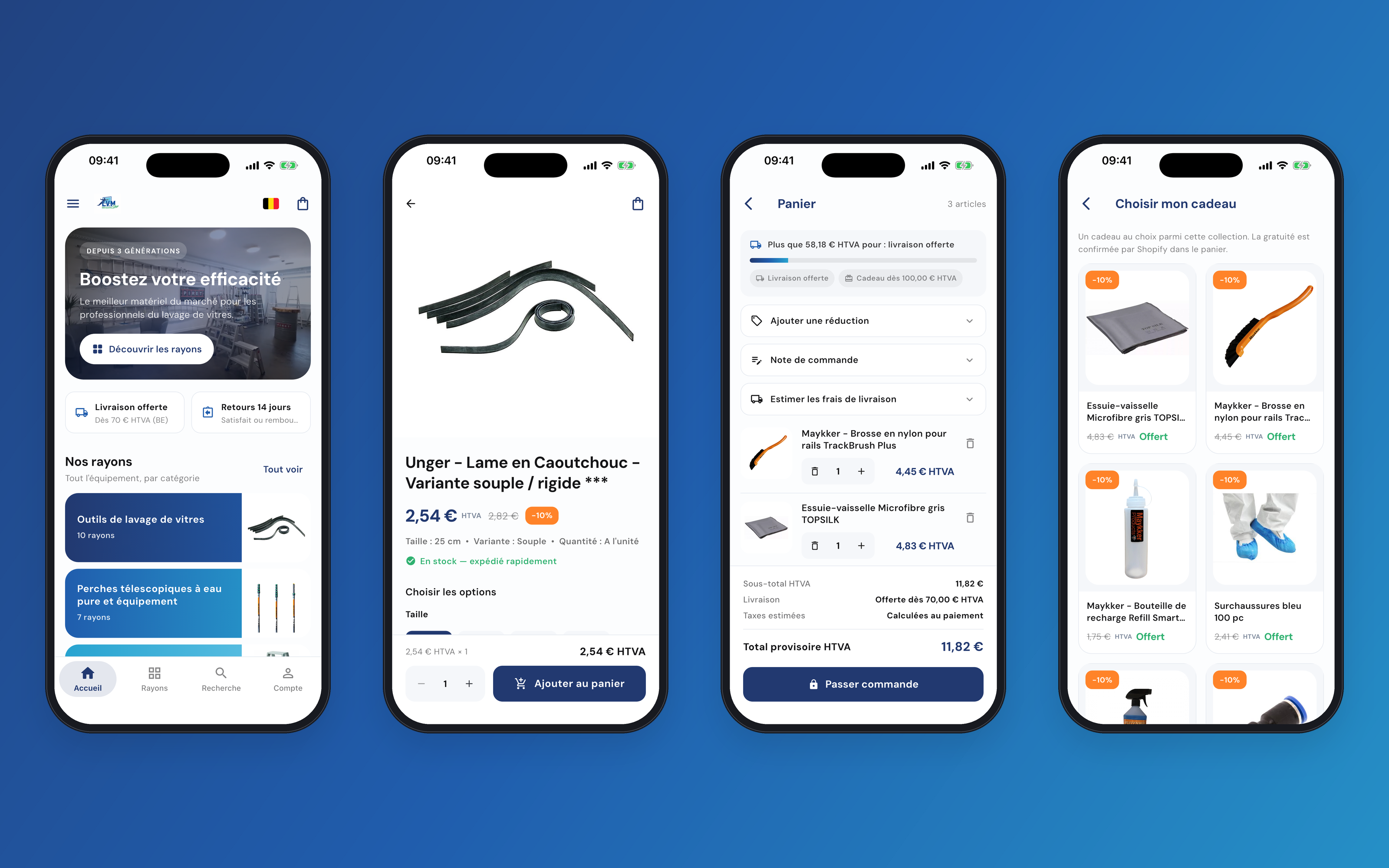 Quatre téléphones sur fond bleu : accueil, fiche produit, panier et choix du cadeau, dans l'ordre du parcours d'achat