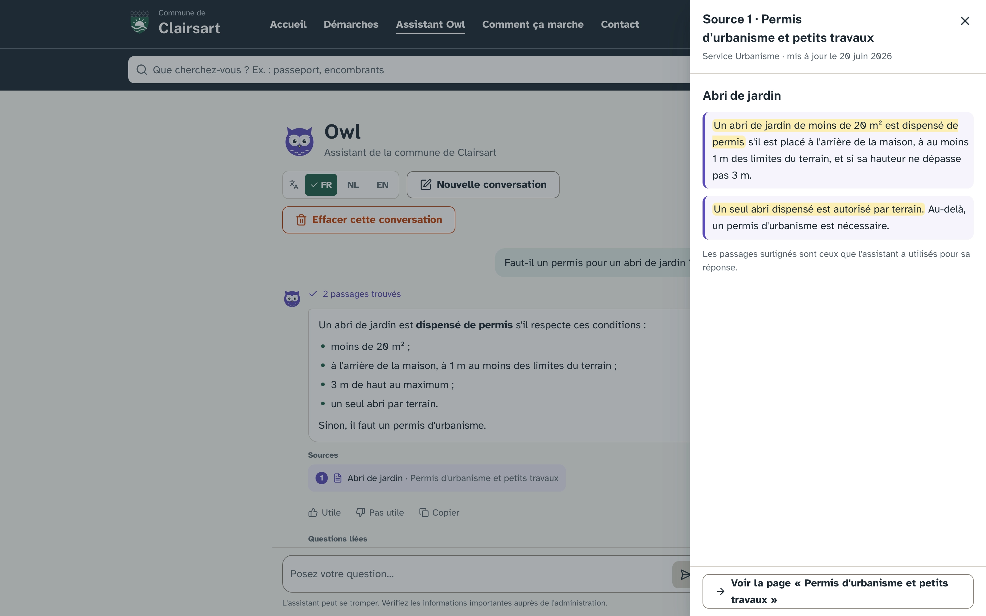 Page de l'assistant Owl : réponse sur l'abri de jardin en liste de conditions, et à droite le panneau de la source avec les deux phrases utilisées surlignées en jaune.