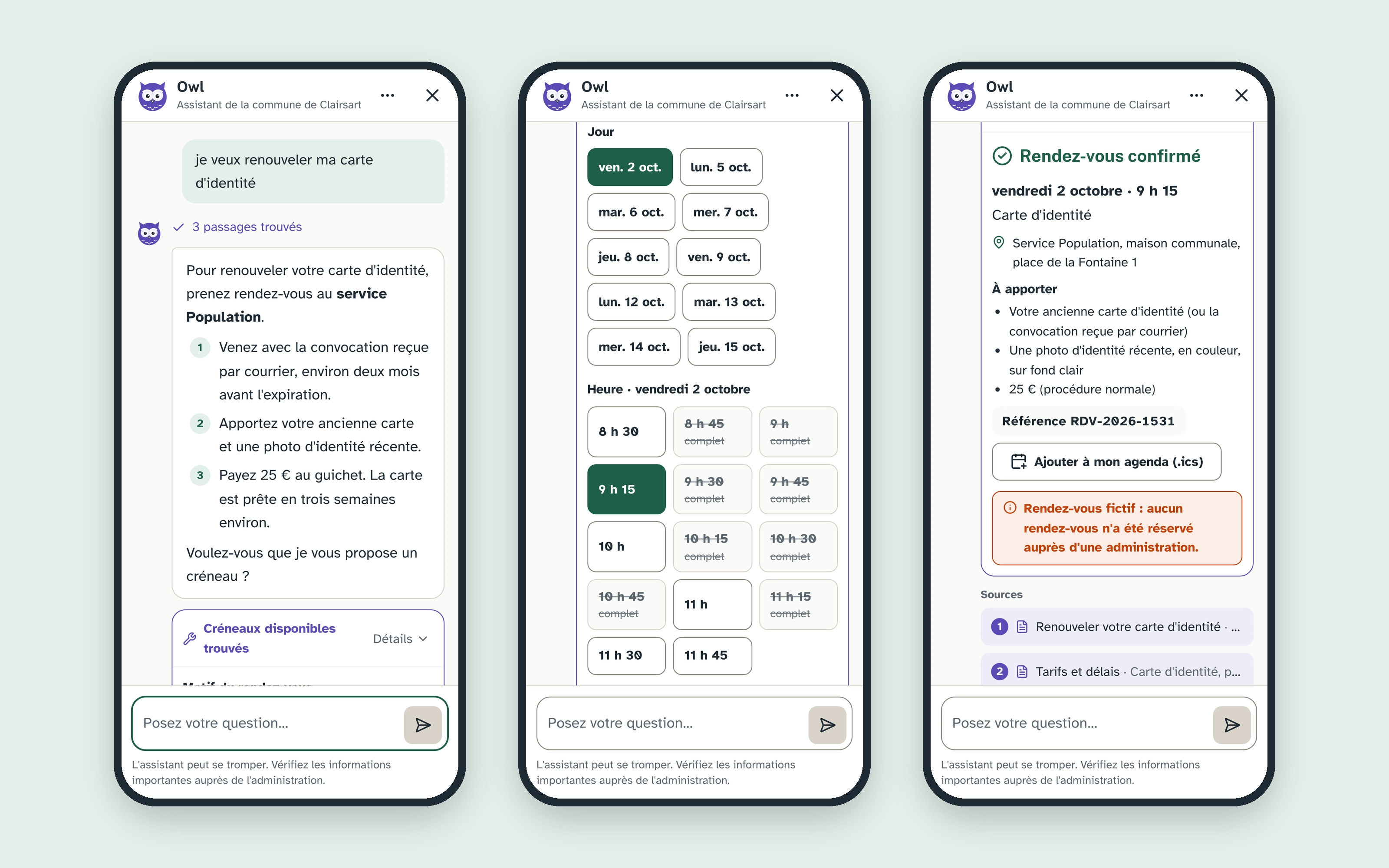 Trois écrans de téléphone : la réponse sur la carte d'identité, le choix du jour et de l'heure, puis la confirmation du rendez-vous avec la mention qu'il est fictif.