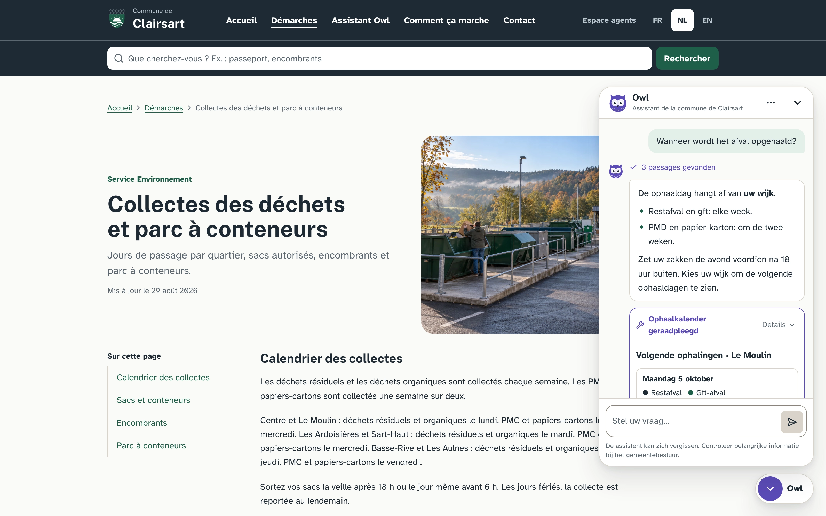 Page des collectes de déchets avec le widget ouvert en néerlandais : réponse sur les jours de collecte et calendrier des prochains passages pour le quartier Le Moulin.