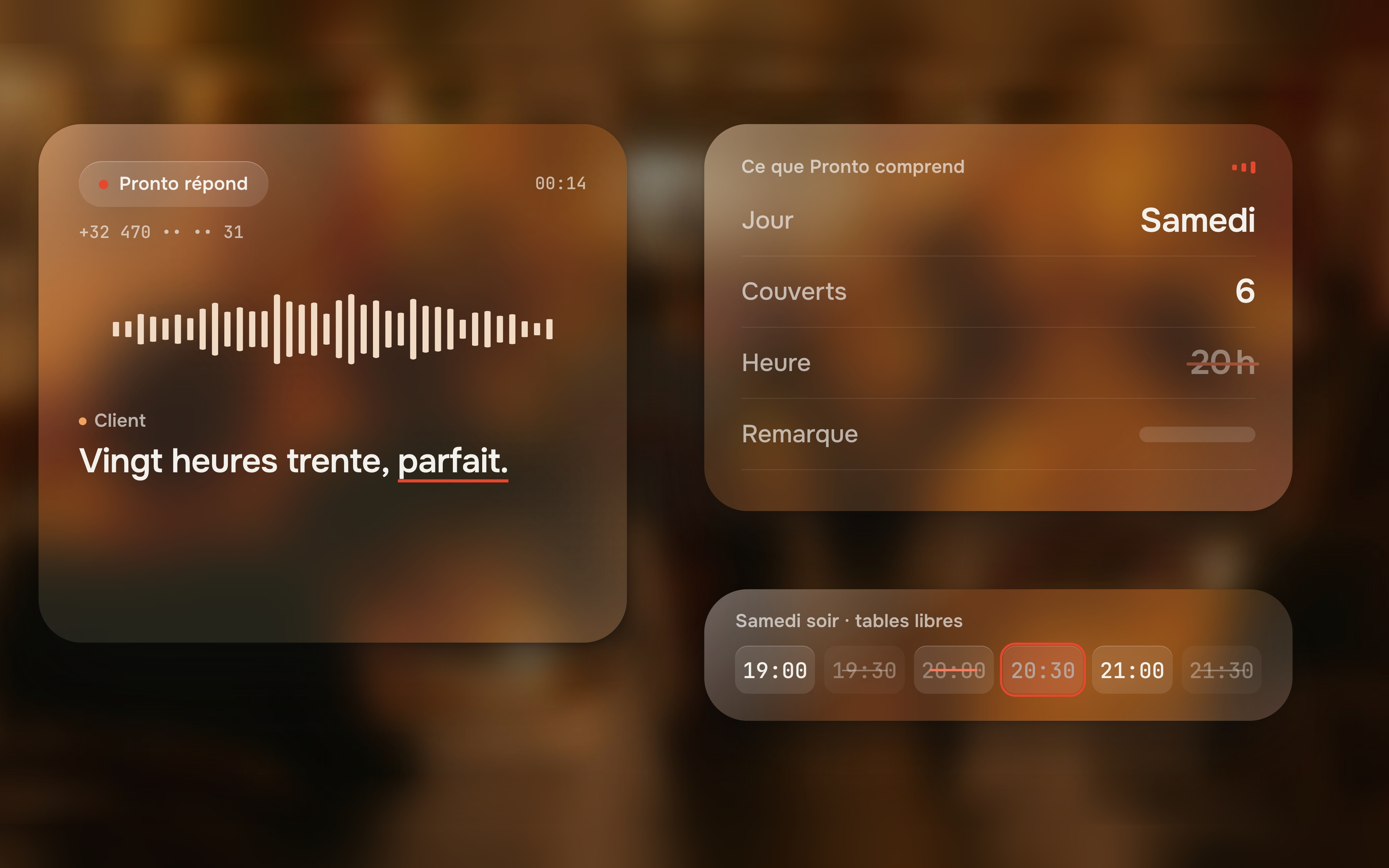 La carte d'appel avec la phrase du client « Vingt heures trente, parfait. », la fiche où 20 h est barré, et le planning du samedi soir où le créneau de 20 h 30 est sélectionné en rouge tomate.
