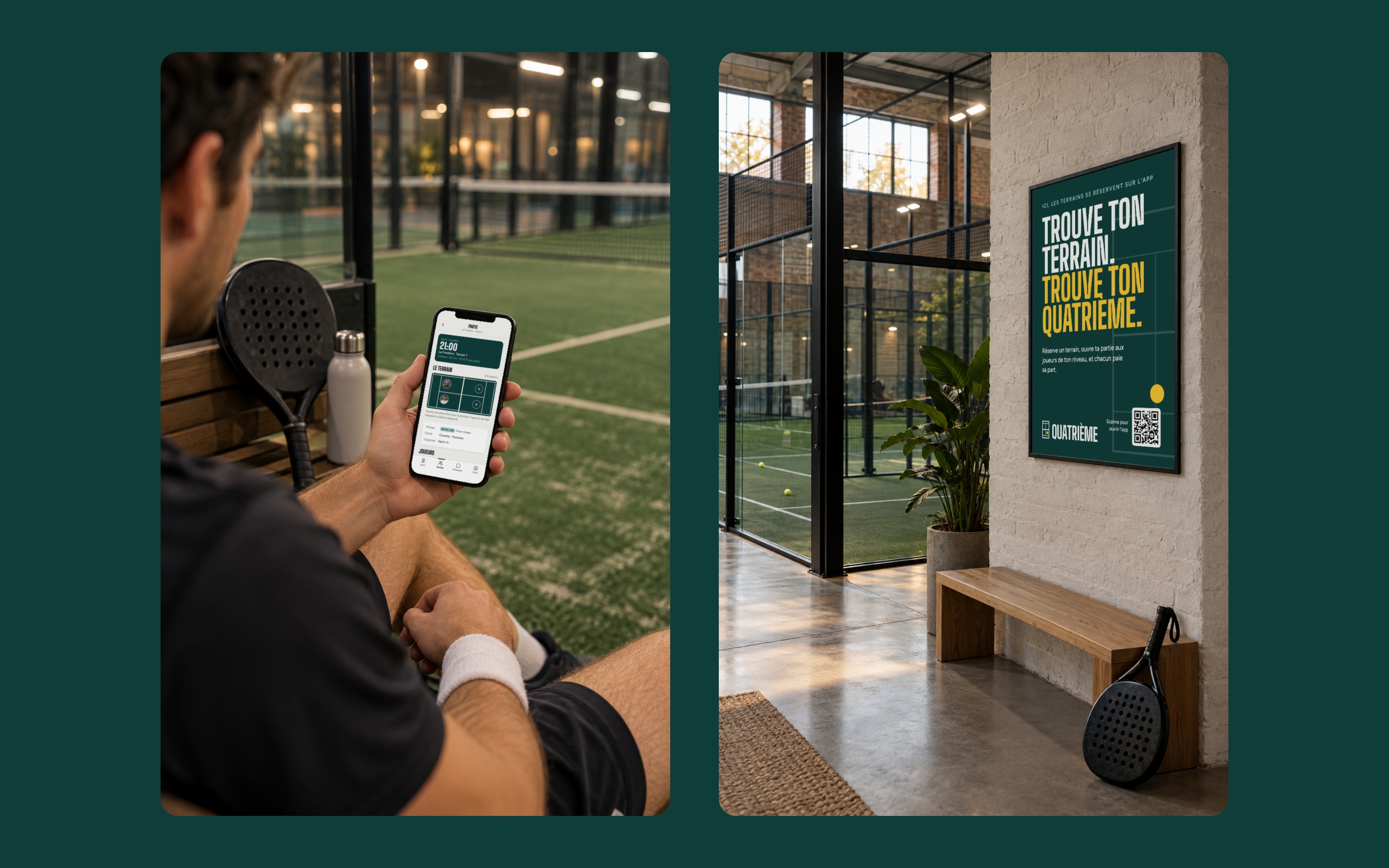 Deux mises en situation : un joueur assis au bord d'un terrain consulte l'app sur son téléphone, et une affiche Quatrième accrochée dans le hall d'un club.