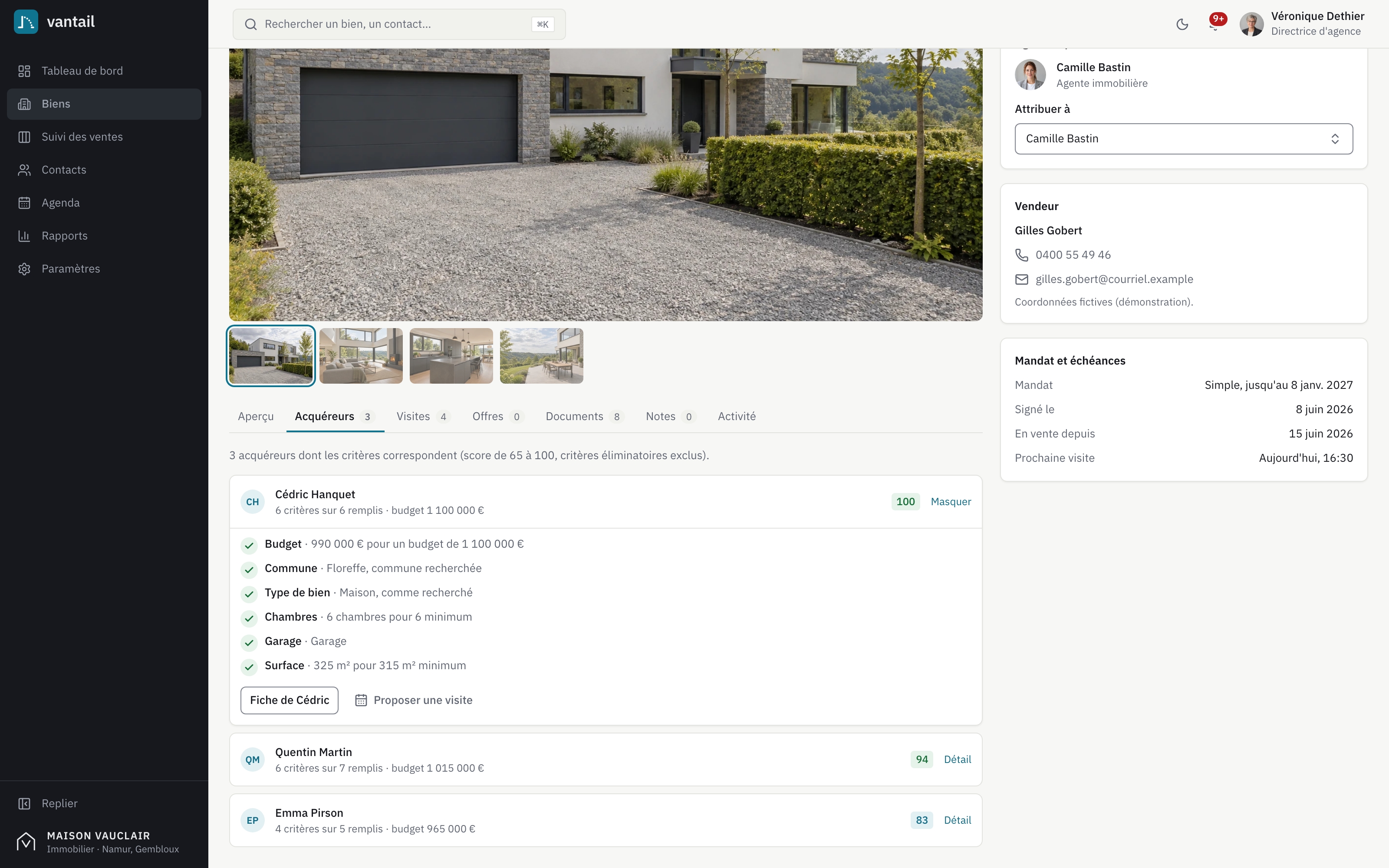 Fiche d'une villa à Floreffe, onglet Acquéreurs : trois acquéreurs classés par score, le premier déplié avec ses critères cochés un à un (budget, commune, type de bien, chambres, garage, surface) et les boutons « Fiche de Cédric » et « Proposer une visite ».