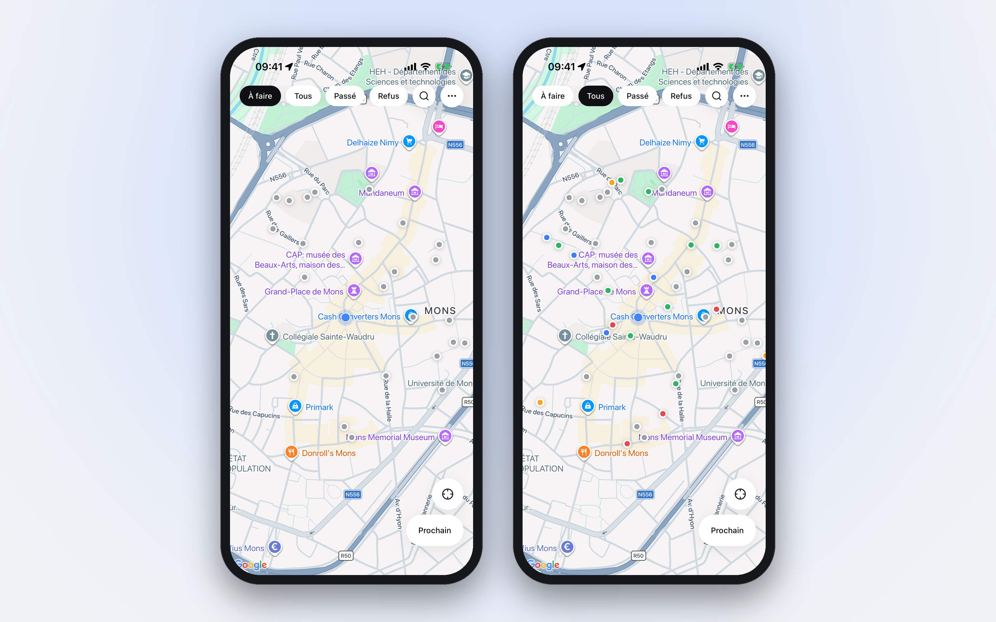 Deux iPhone affichent la carte du centre de Mons : à gauche les commerces à visiter en gris, à droite tous les commerces colorés selon leur statut.