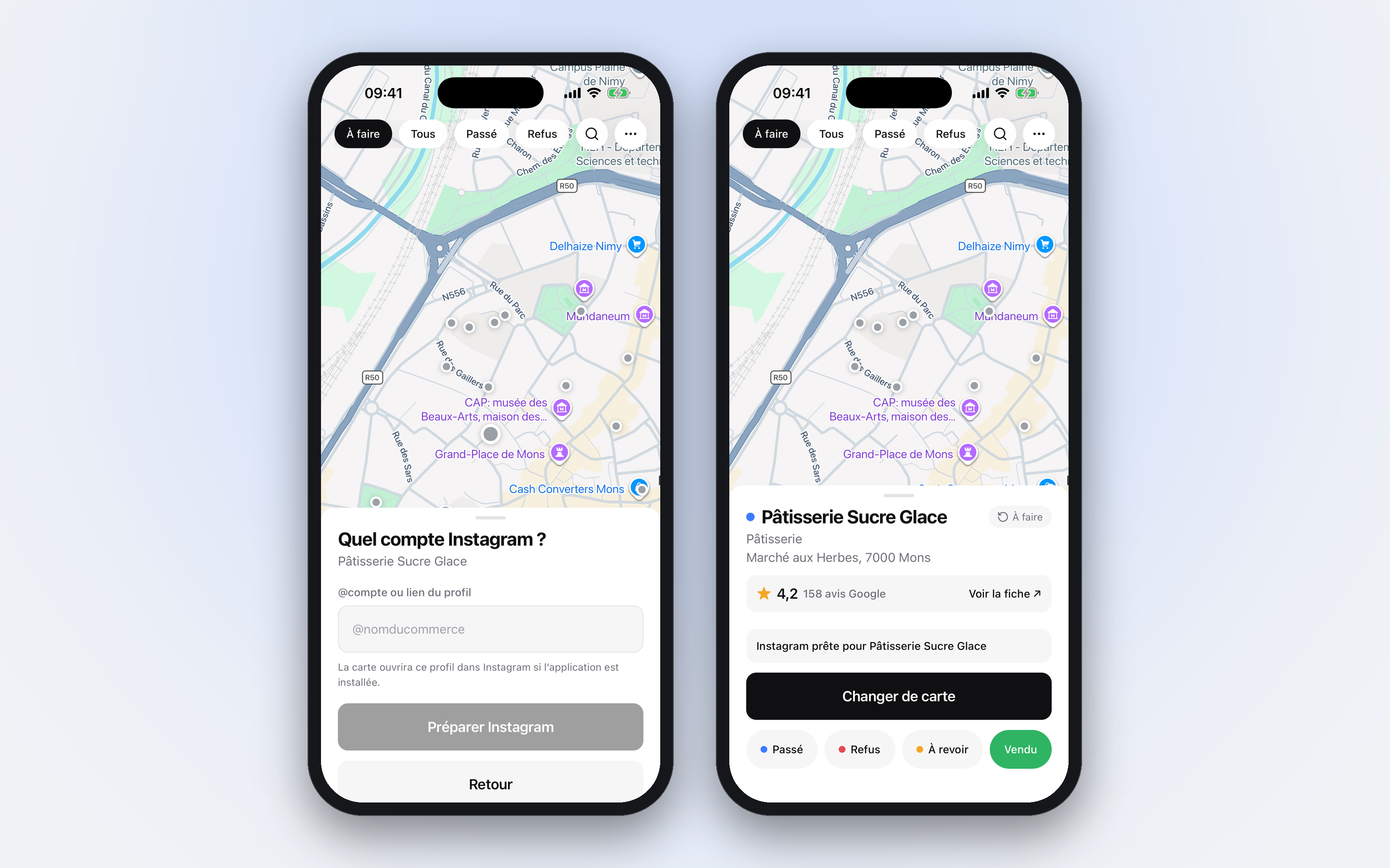 Deux iPhone : le formulaire qui demande le compte Instagram d'une pâtisserie, puis la fiche du commerce avec le message Instagram prête.