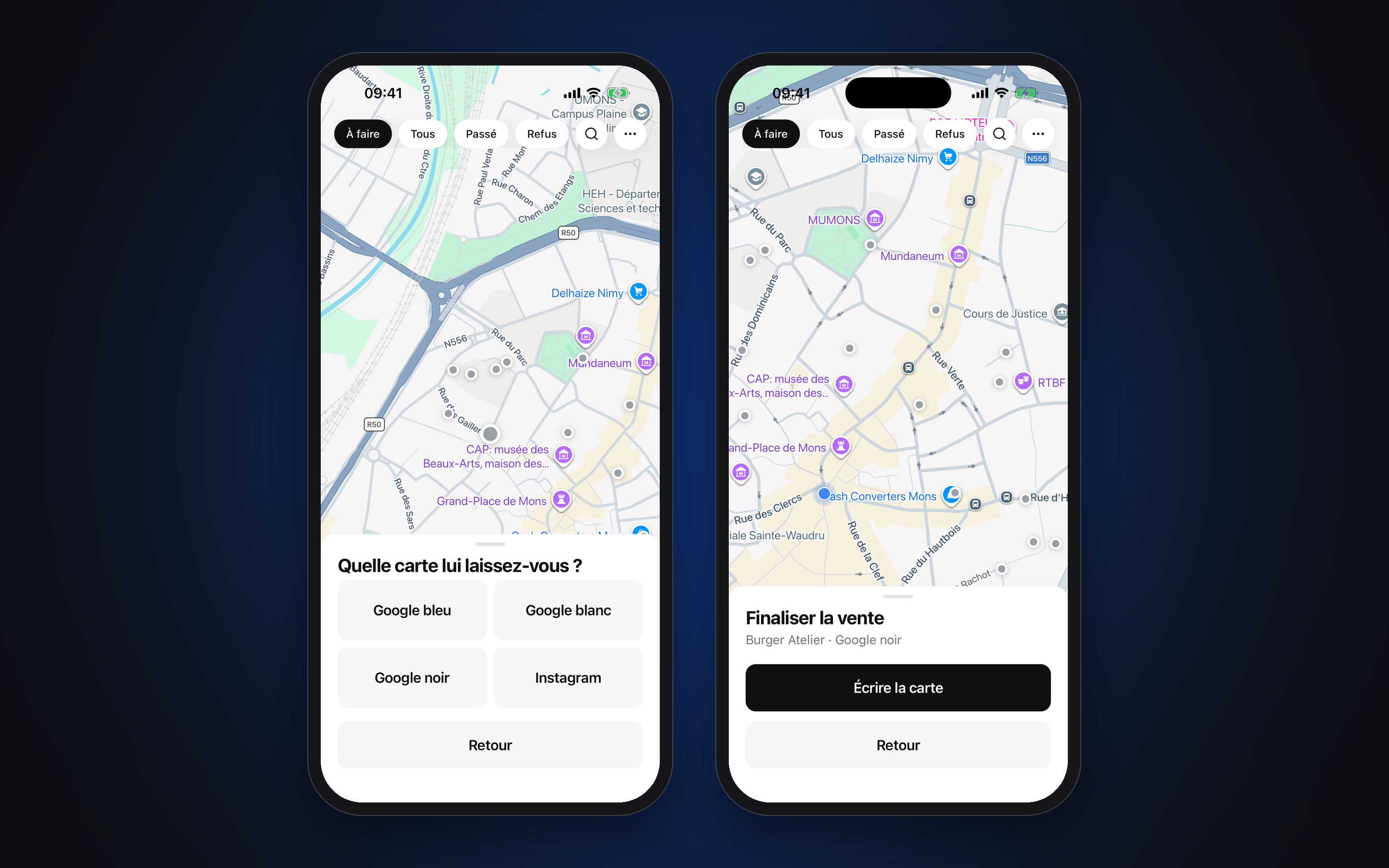 Deux iPhone sur fond sombre : le choix de la carte laissée au client parmi quatre modèles, puis l'étape Finaliser la vente avec le bouton Écrire la carte.
