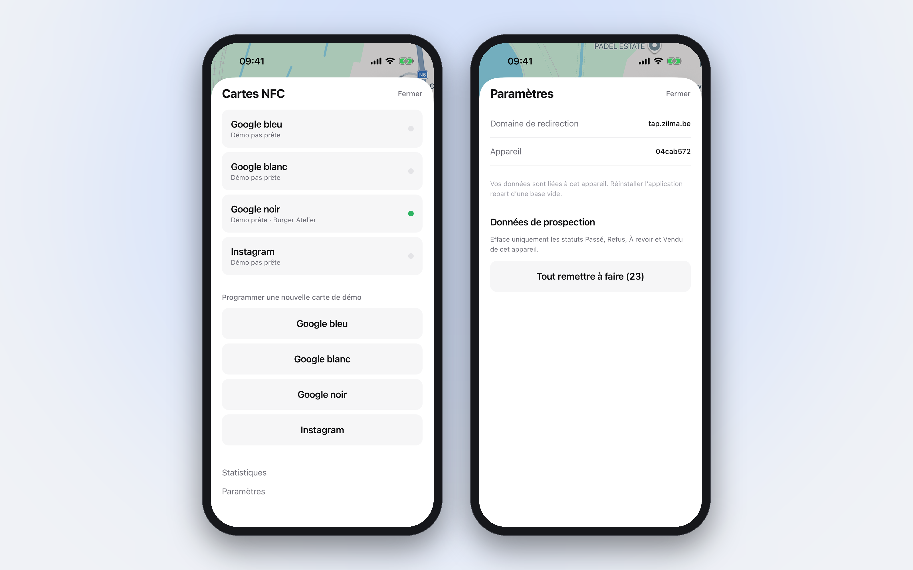 Deux iPhone : la liste des quatre cartes de démo avec celle qui est prête et le commerce associé, puis l'écran Paramètres avec le domaine de redirection tap.zilma.be.