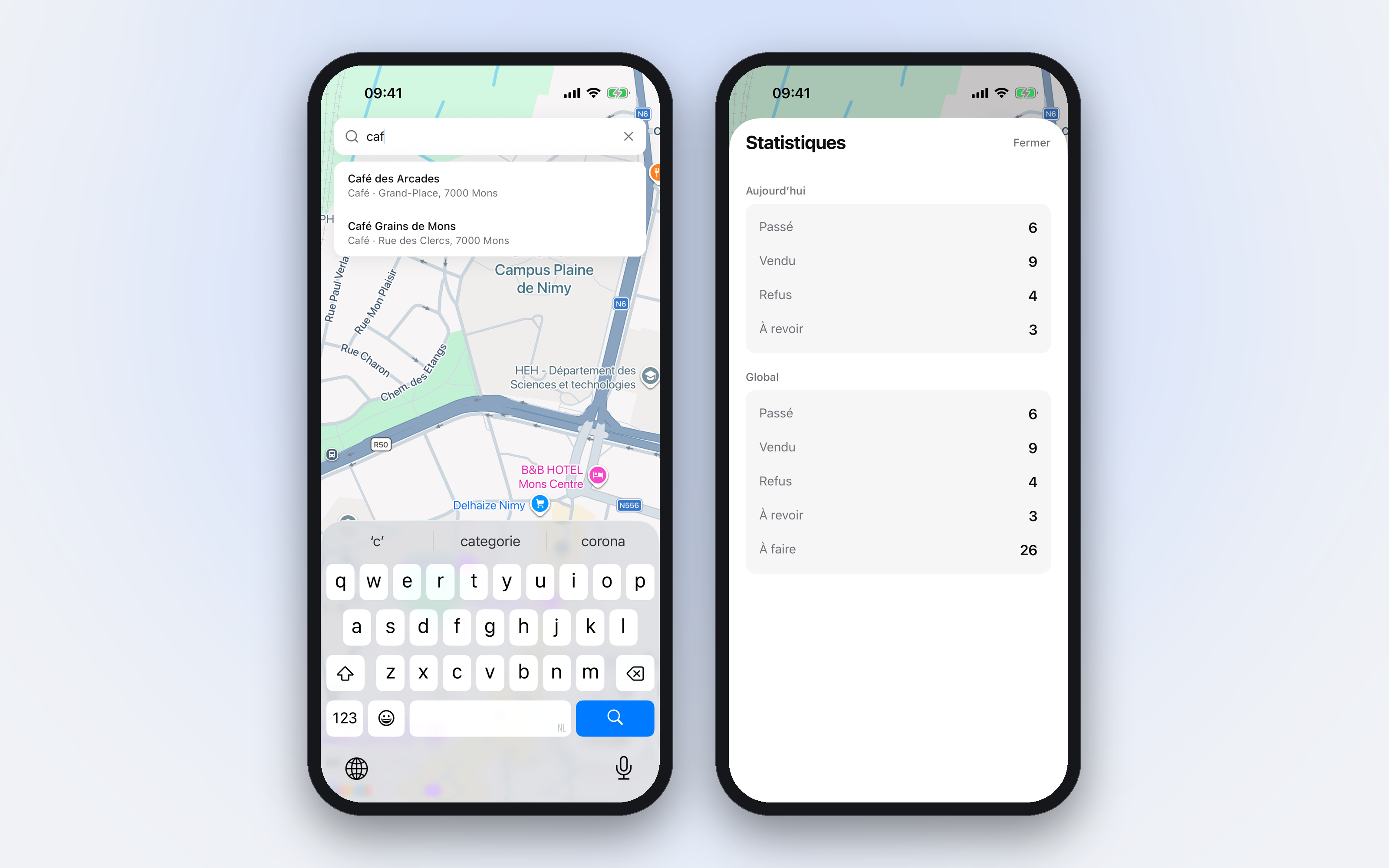Deux iPhone : la recherche d'un commerce par son nom parmi les commerces importés, et les statistiques du jour et globales par statut.