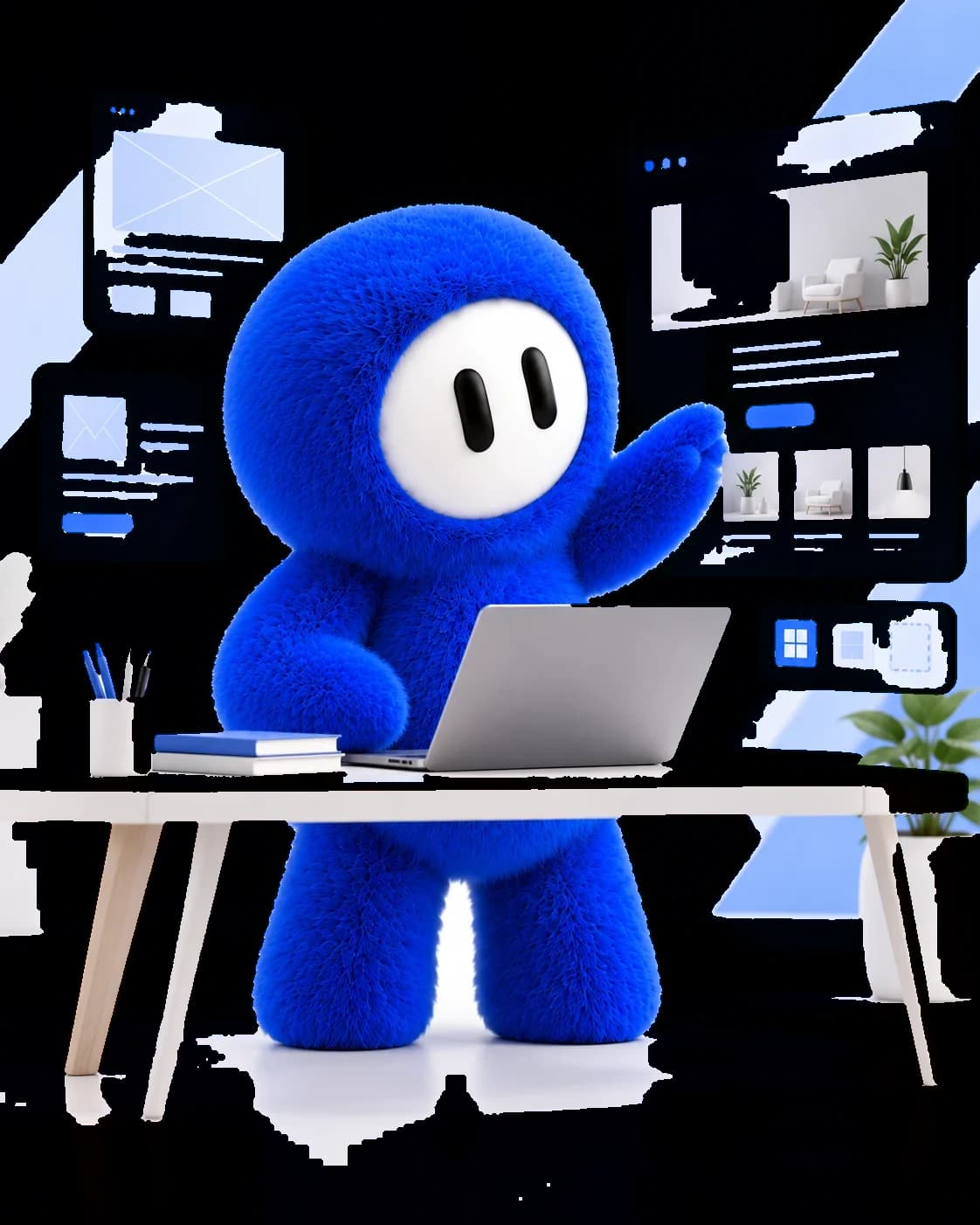 Zed, la mascotte de ZILMA Studio, devant un ordinateur portable, entouré de maquettes de pages web.